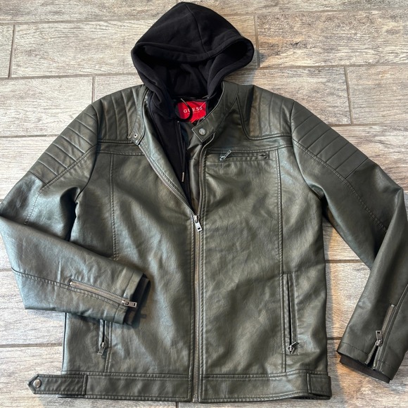 Guess Moto Jacket Mens Large Hooded Olive Green Faux Leather
